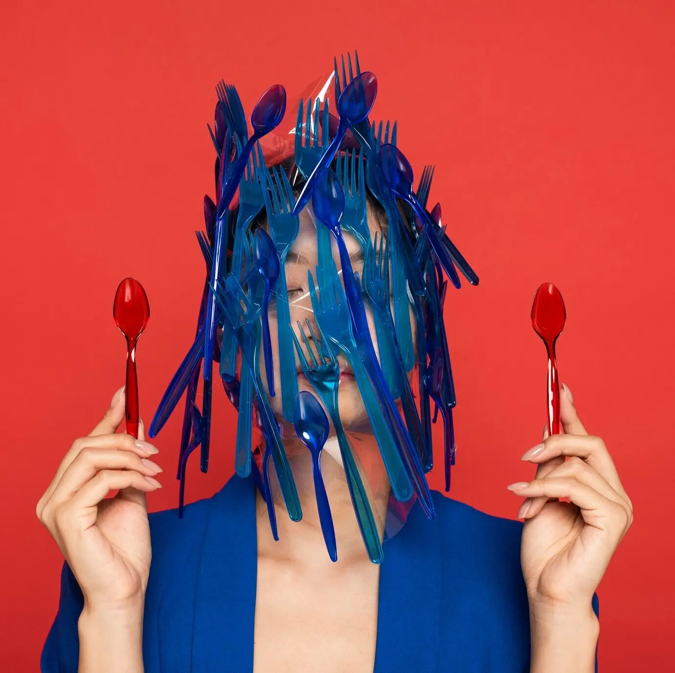 Abstract depiction of blue plastic tableware waste on a young woman
